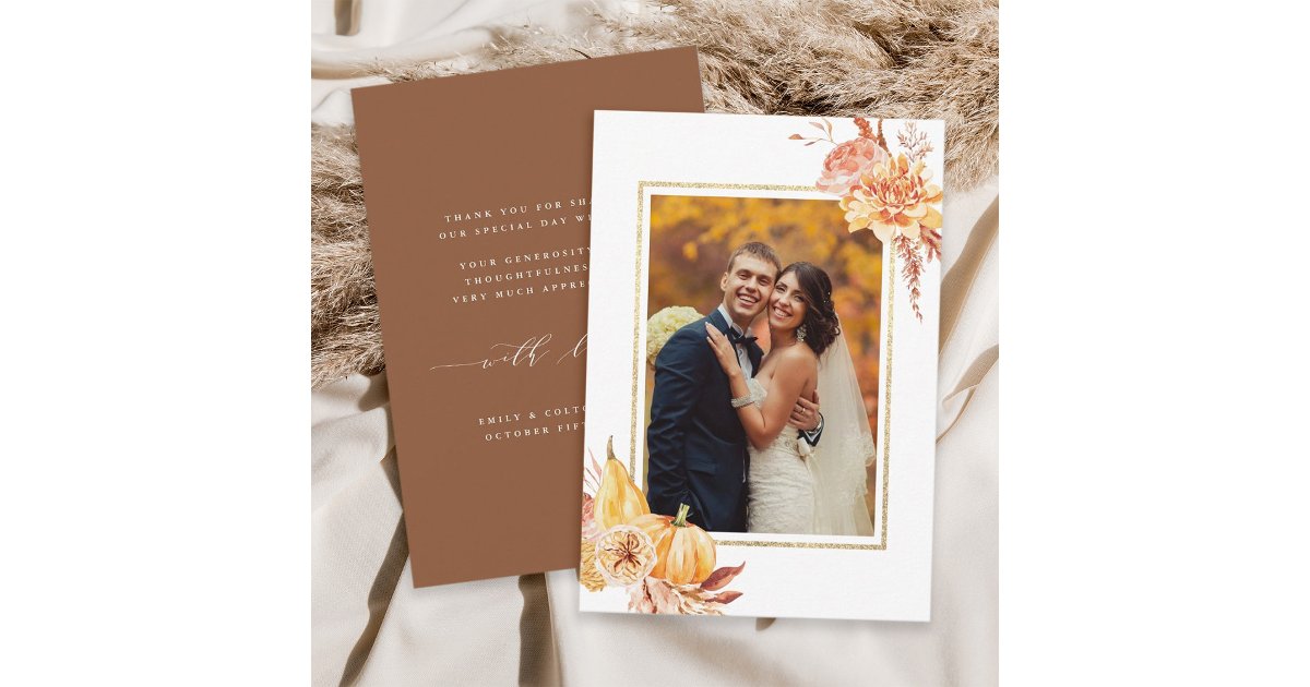 Rustic Fall Gold Floral Watercolor Wedding Photo Thank You Card | Zazzle