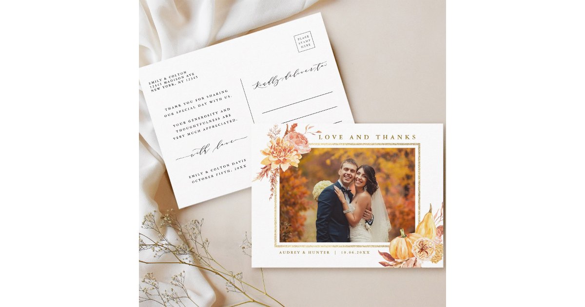Rustic Fall Gold Floral Wedding Photo Thank You Postcard | Zazzle