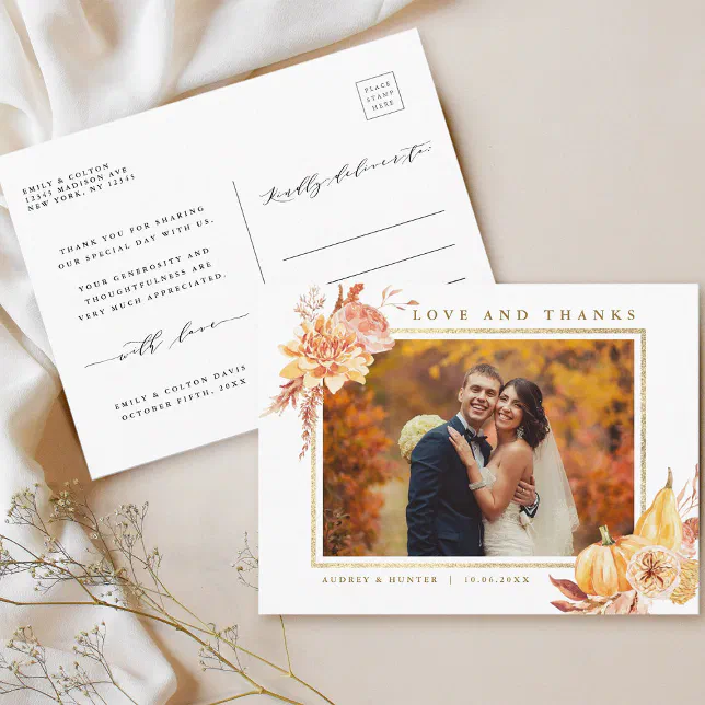Rustic Fall Gold Floral Wedding Photo Thank You Postcard | Zazzle