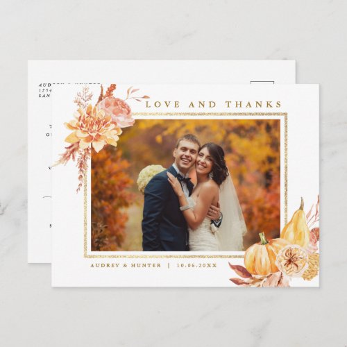Rustic Fall Gold Floral Wedding Photo Thank You Postcard