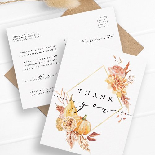 Rustic Fall Gold Floral Wedding Thank You  Postcard