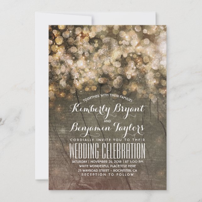 Rustic Fall Gold Glitter Lights Wood Wedding Invitation (Front)