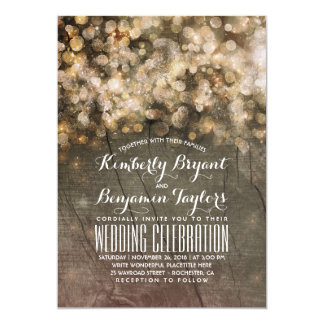 Rustic Fall Gold Glitter Lights Wood Wedding Invitation