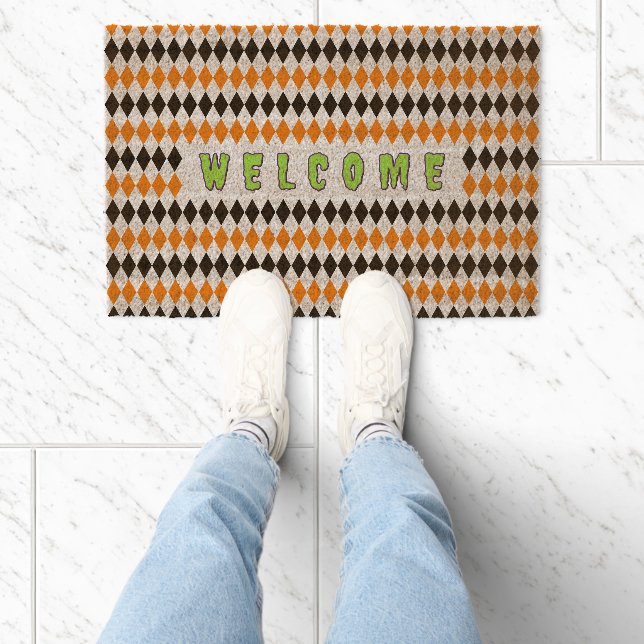 Rustic Fall Halloween Orange Black Pattern Welcome Fiber Doormat (Insitu)
