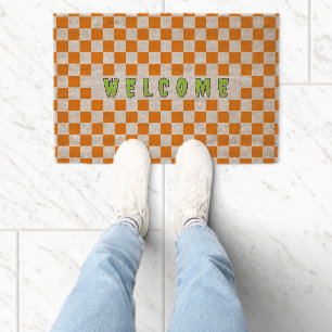Rustic Fall Halloween Orange Checkered Welcome Fiber Doormat