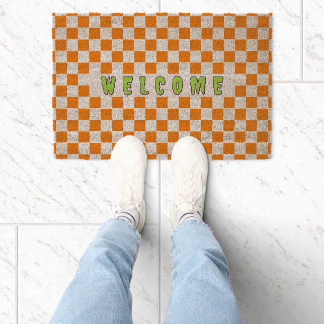 Rustic Fall Halloween Orange Checkered Welcome Fiber Doormat (Insitu)