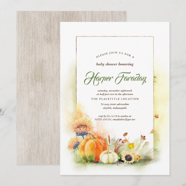 Rustic Fall Harvest Pumpkin Sunflower Baby Shower Invitation (Front/Back)