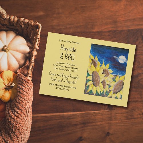 Rustic Fall Hayride Barbecue Sunflowers Folk Art Invitation