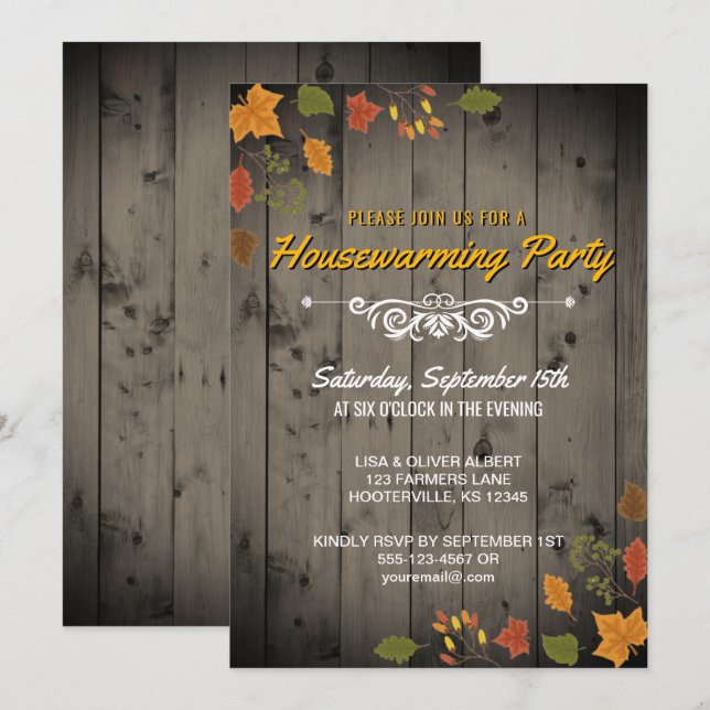 Rustic Fall Housewarming Party Autumn Leaves Wood Invitation (Front/Back)