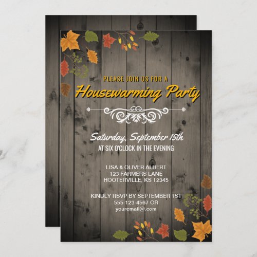 Rustic Fall Housewarming Party Autumn Leaves Wood Invitation