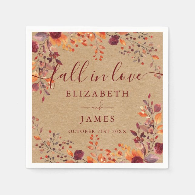 Rustic Fall In Love Autumn Fall Floral Leaves Napkins (Front)