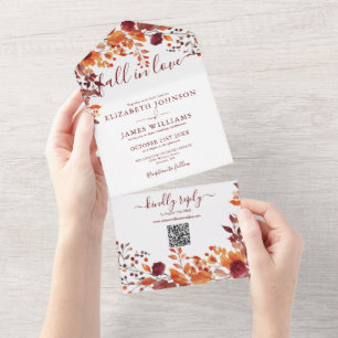 Rustic Fall In Love Autumn Floral QR Code Wedding All In One Invitation