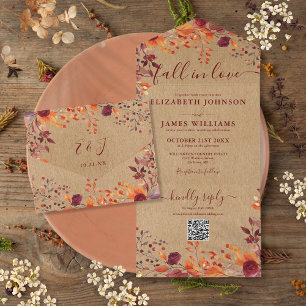 Rustic Fall In Love Autumn Floral QR Code Wedding All In One Invitation