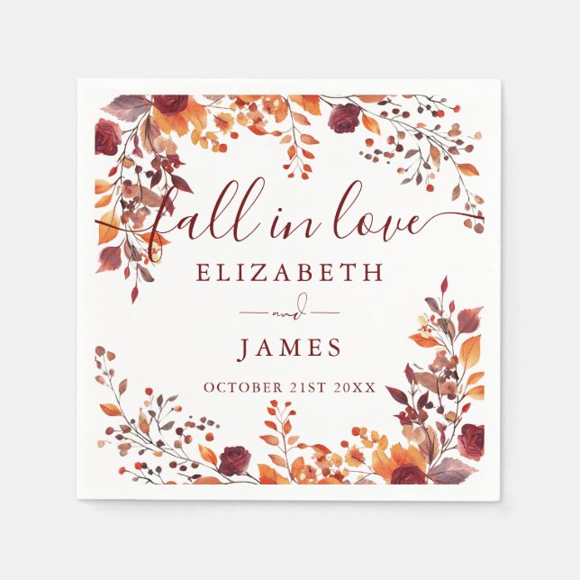 Rustic Fall In Love Autumn Floral Wedding Napkins (Front)