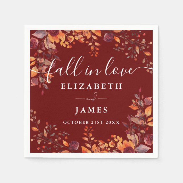 Rustic Fall In Love Autumn Floral Wedding Napkins (Front)