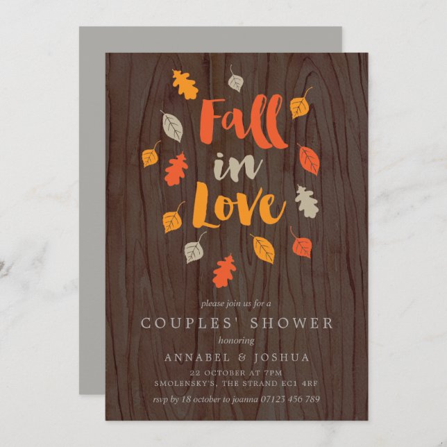 Rustic Fall in Love Autumn Leaves Couples' Shower Invitation (Front/Back)