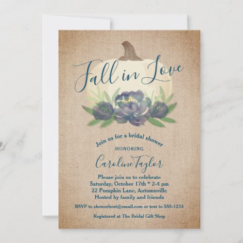 Rustic Fall in Love Blue Floral Bridal Shower Invitation
