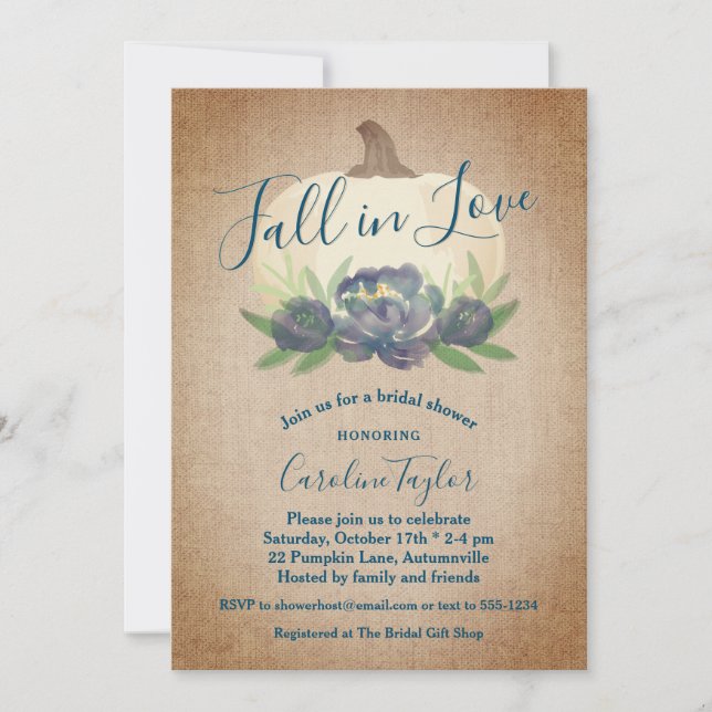 Rustic Fall in Love Blue Floral Bridal Shower Invitation (Front)