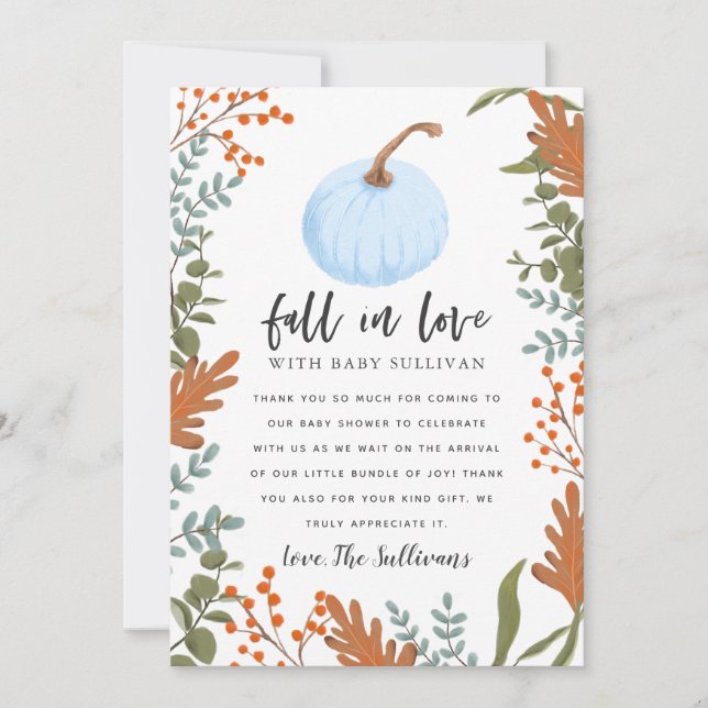 Rustic Fall in Love Blue Pumpkin Baby Shower Thank You Card (Front)