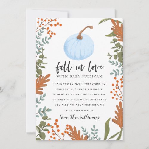 Rustic Fall in Love Blue Pumpkin Baby Shower Thank You Card