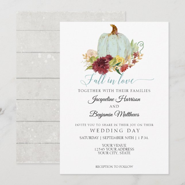 Rustic Fall in Love Blue Pumpkin Burgundy Floral Invitation (Front/Back)