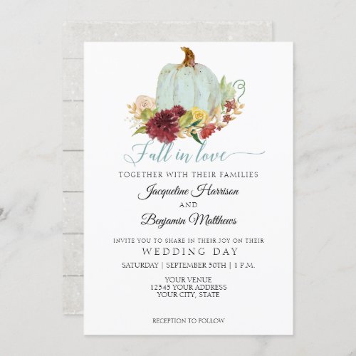 Rustic Fall in Love Blue Pumpkin Burgundy Floral Invitation