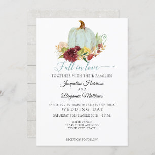 Rustic Fall in Love Blue Pumpkin Burgundy Floral Invitation