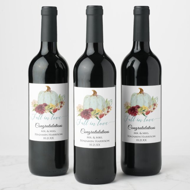 Rustic Fall in Love Blue Pumpkin Burgundy Floral Wine Label (Bottles)