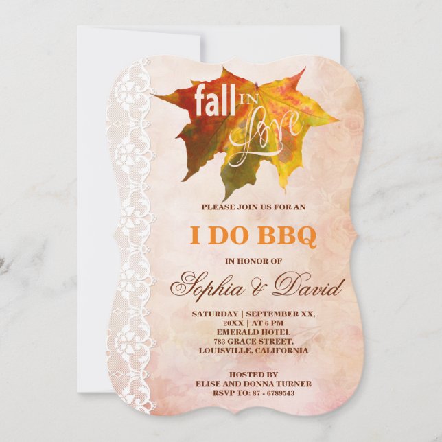 Rustic Fall in Love Lace I DO BBQ Invitation (Front)