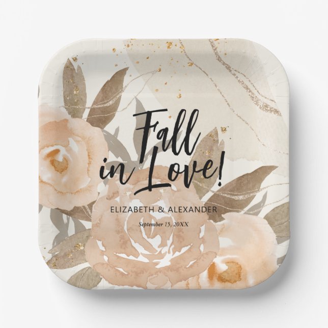 Rustic Fall in Love Peach Flowers Paper Plates (Front)