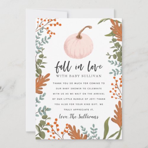 Rustic Fall in Love Pink Pumpkin Baby Shower Thank You Card