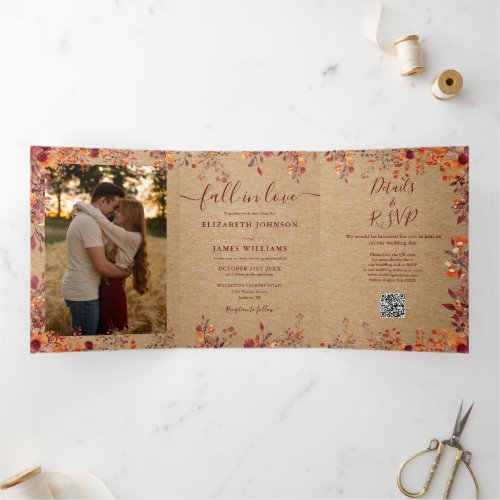 Rustic Fall In Love QR Code 2 Photo Wedding Tri-Fold Invitation