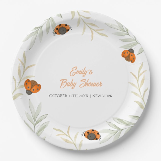 Rustic Fall Ladybug Greenery Baby Shower  Paper Plates (Front)