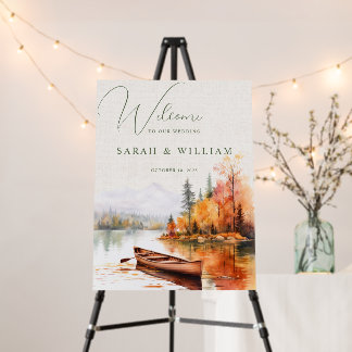 Rustic fall lake with boat Wedding welcome Board