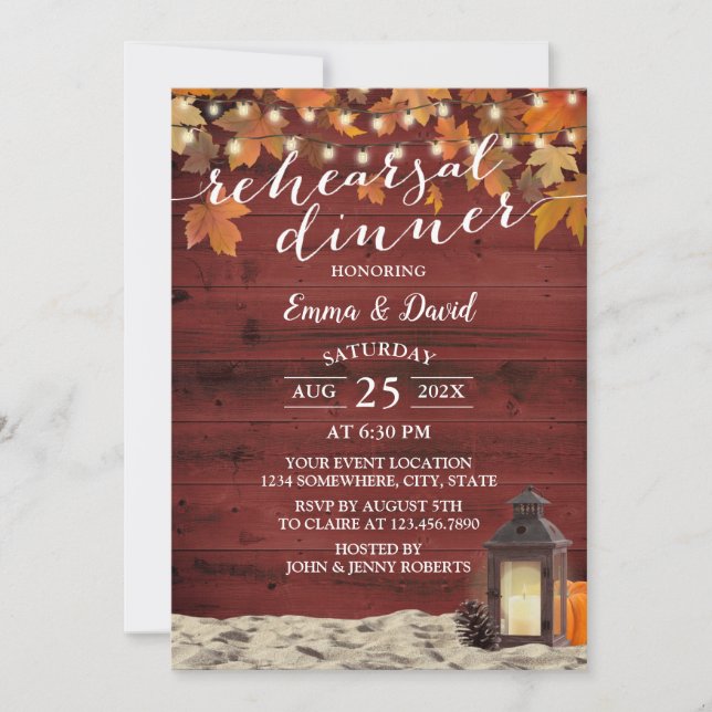 Rustic Fall Lantern Red Barn Wood Rehearsal Dinner Invitation (Front)