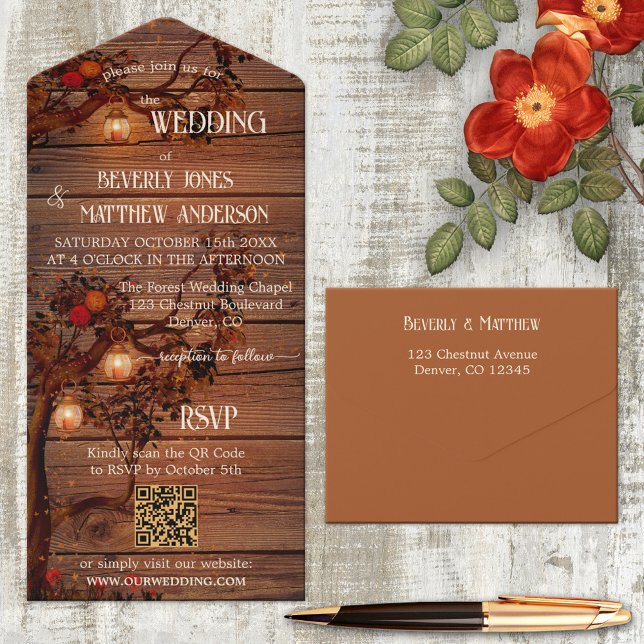 Rustic Fall Lanterns Terra Cotta Wedding All In One Invitation (Creator Uploaded)