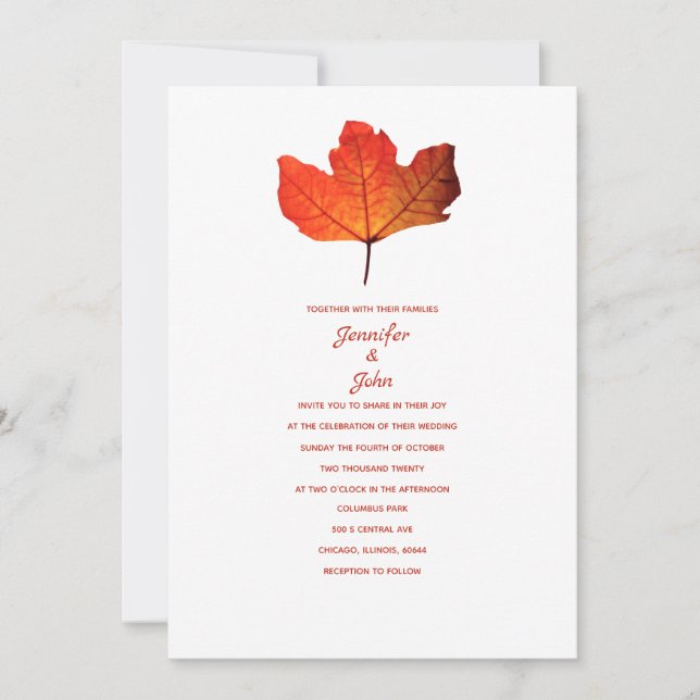 Rustic Fall Leaf Burnt Orange Maple Classy Wedding Invitation (Front)