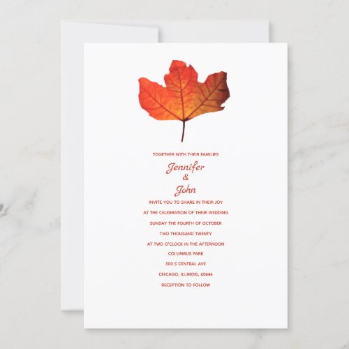 Rustic Fall Leaf Burnt Orange Maple Classy Wedding Invitation