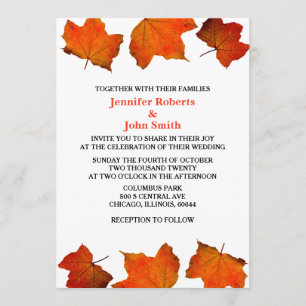 Rustic Fall Leaf Burnt Orange Maple White Wedding Invitation