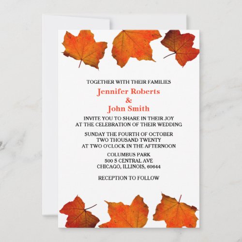 Rustic Fall Leaf Burnt Orange Maple White Wedding Invitation