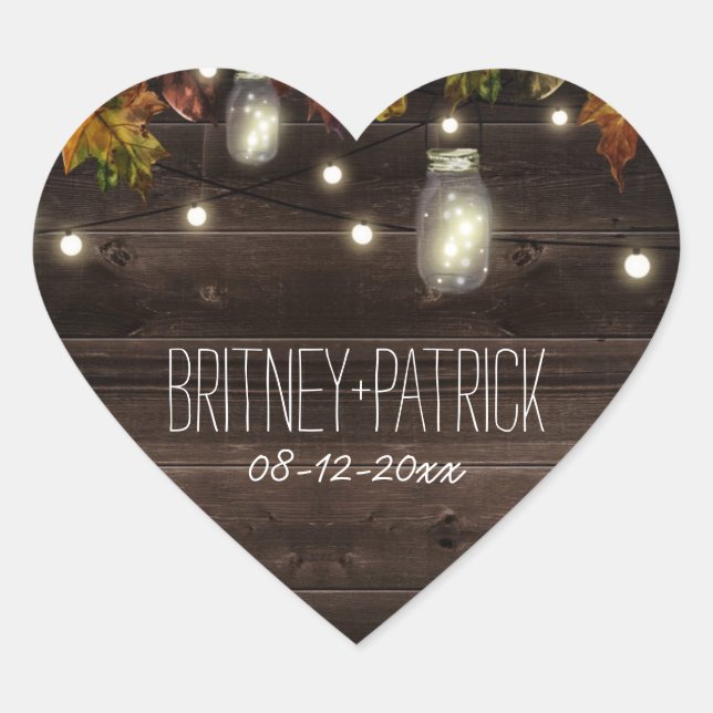Rustic Fall Leaf Firefly Mason Jar Wedding Favors Heart Sticker (Front)