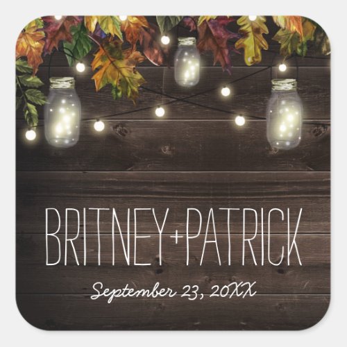 Rustic Fall Leaf Firefly Mason Jar Wedding Favors Square Sticker