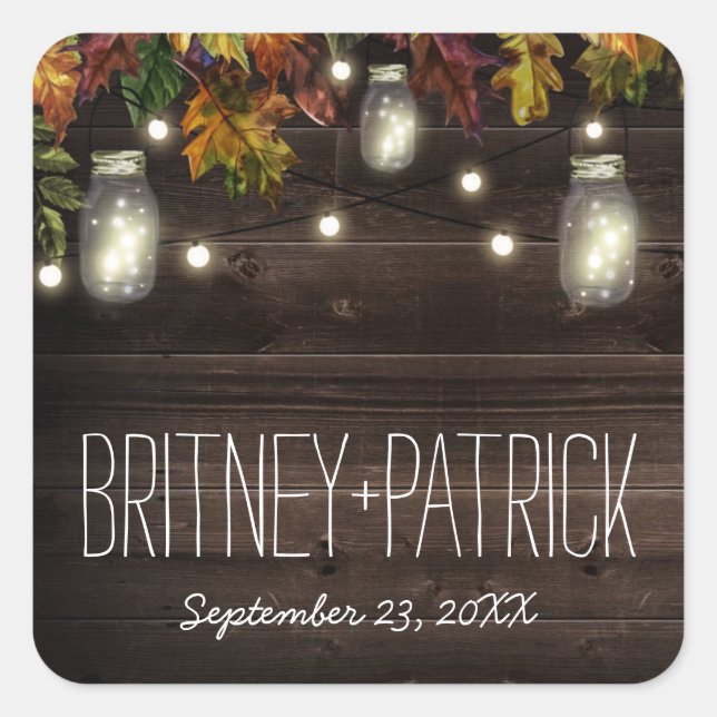 Rustic Fall Leaf Firefly Mason Jar Wedding Favors Square Sticker (Front)