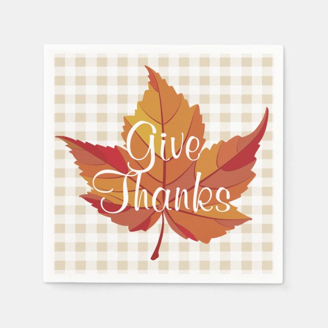Rustic Fall Leaf & Plaid Give Thanks Napkins (Front)