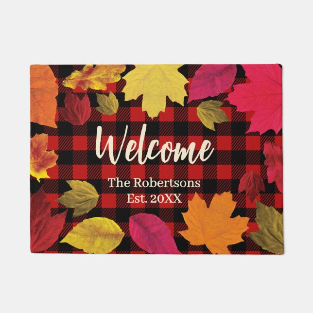 Rustic Fall Leaves and Plaid Custom Name Welcome Doormat (Front)