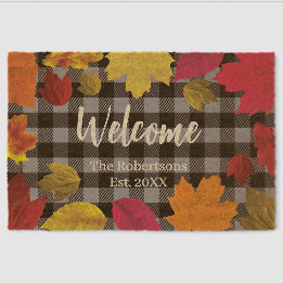 Rustic Fall Leaves and Plaid Custom Name Welcome Fiber Doormat