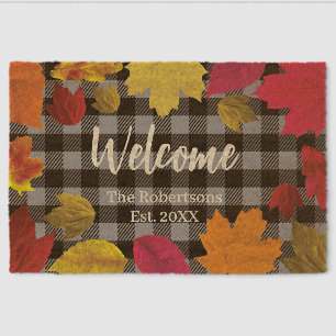 Rustic Fall Leaves and Plaid Custom Name Welcome Fiber Doormat