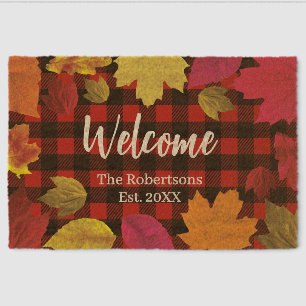 Rustic Fall Leaves and Plaid Custom Name Welcome Fiber Doormat