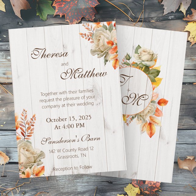 Rustic Fall leaves and White Roses Elegant Wedding Invitation (Creator Uploaded)