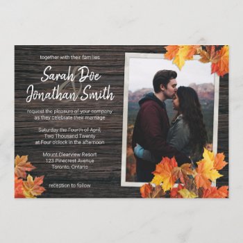 Rustic Fall Leaves And Wood Invitation by fireflidesigns at Zazzle